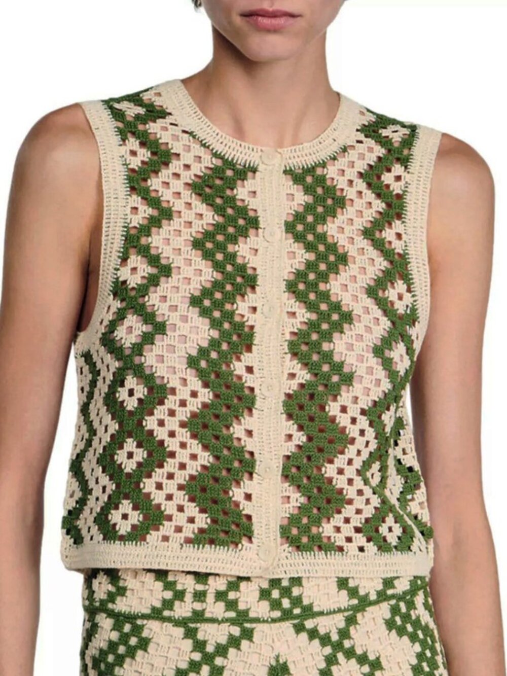 New Sandro Henrika Geo Crochet Vest Ecru Olive Large $295